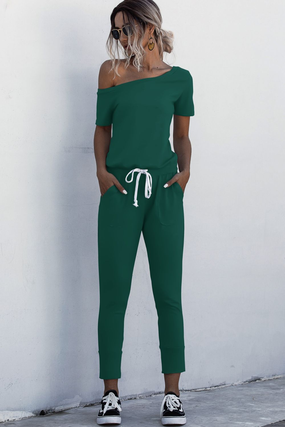 Asymmetrical Neck Tied Jumpsuit with Pockets (4 Variants)