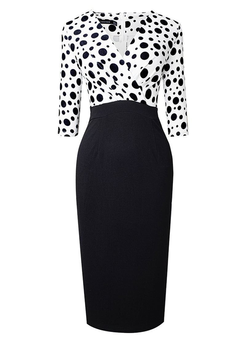 Surplice Neck Polka Dot Pencil Dress (2 Variants)