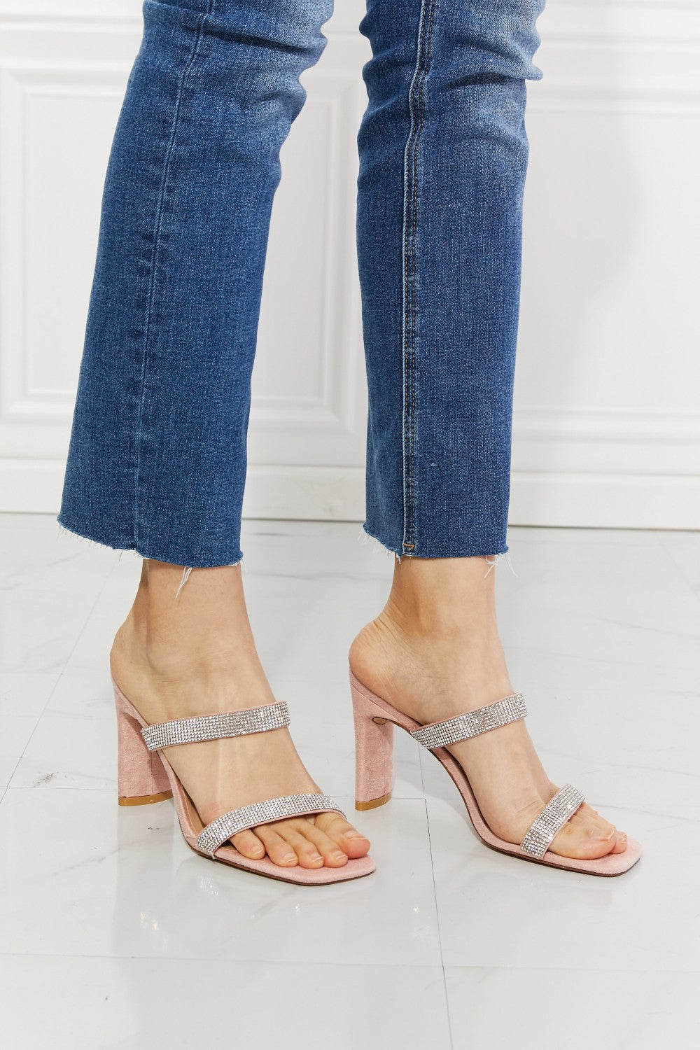 Leave A Little Sparkle Rhinestone Block Heel Sandals (Pink)