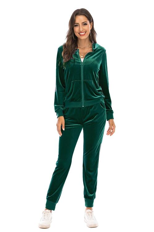 Velour Styled Zip-Up Hoodie and Pants Set