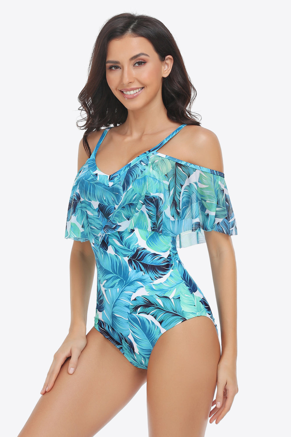 Botanical Print Cold-Shoulder Layered One-Piece Swimsuit (3 Variants)