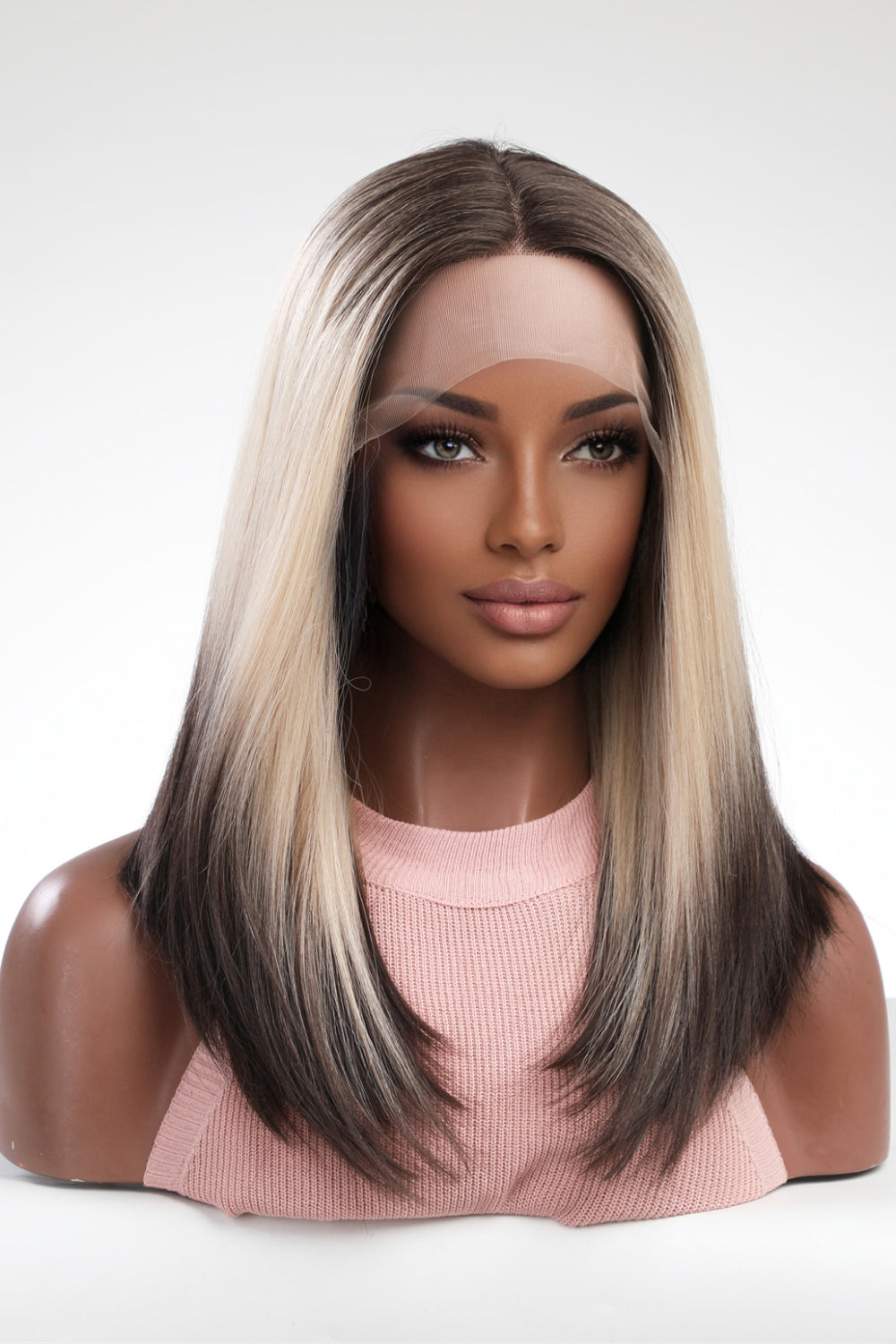 16" Blonde/Brown Ombre Tips/Roots Lace Front Synthetic Wig