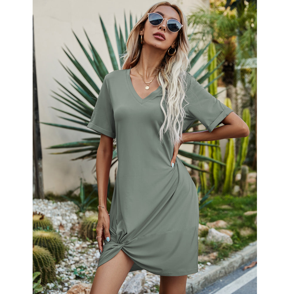 Twisted V-Neck Short Sleeve Dress (12 Variants)