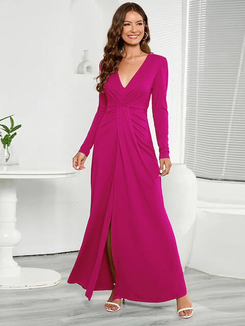 V-Neck Long Sleeve Split Dress (3 Variants)