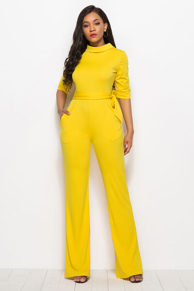 Mock Neck Tie-Waist Half Sleeve Jumpsuit (7 Variants)