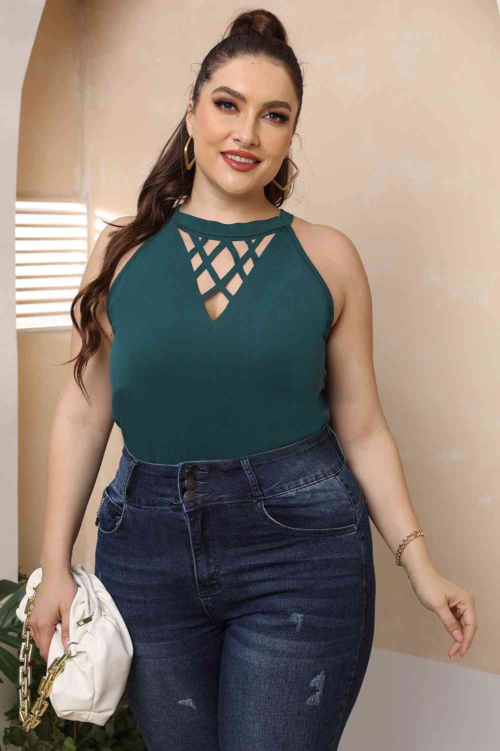 Plus Size Halter Neck Cutout Sleeveless Top (4 Variants)