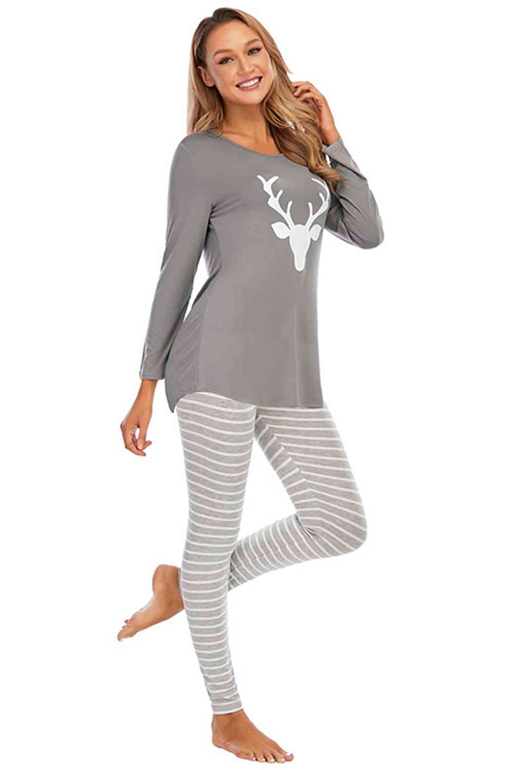 Round Neck Top and Striped Lounge PJ Set