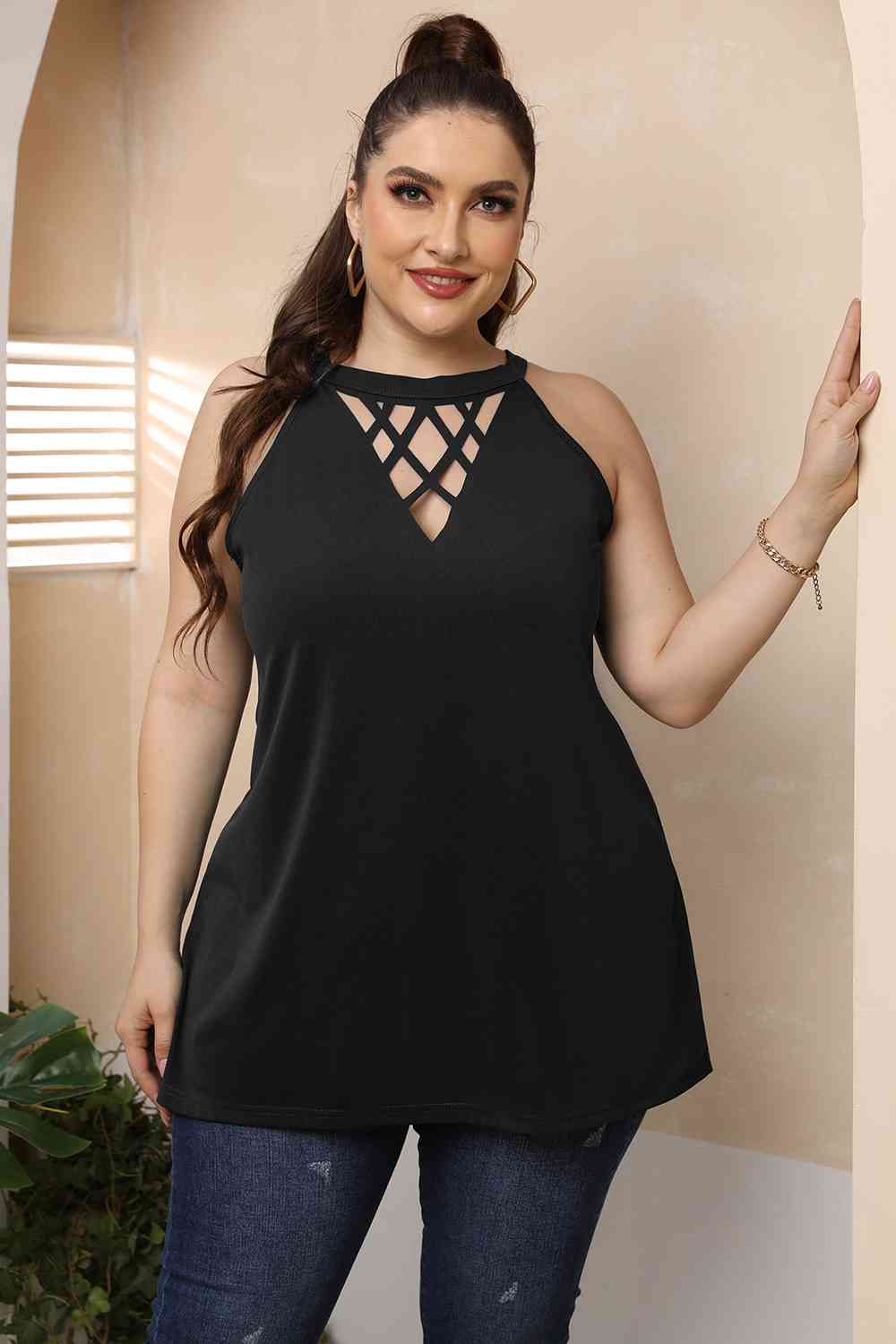 Plus Size Halter Neck Cutout Sleeveless Top (4 Variants)