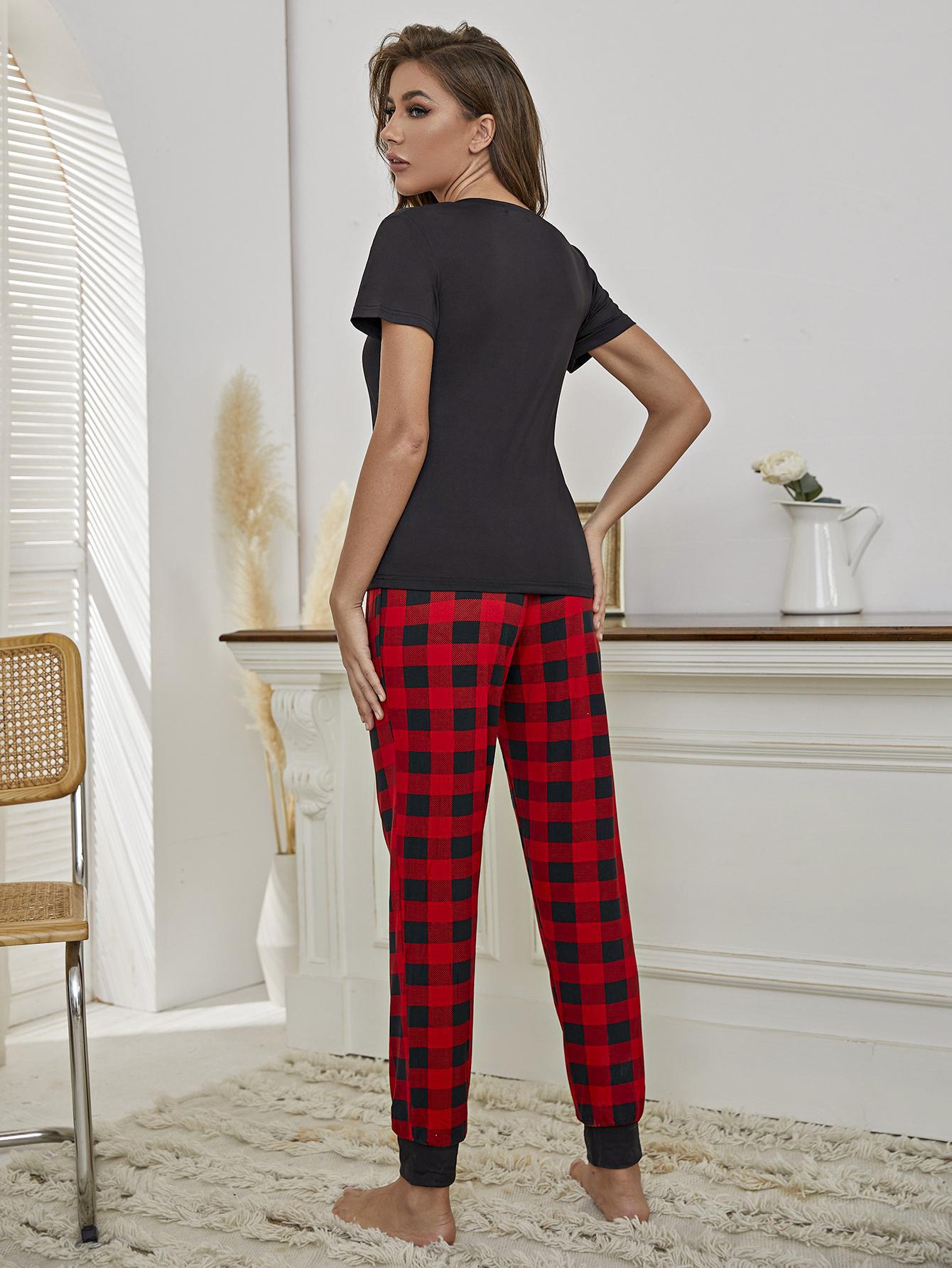 Heart Tee and Plaid Joggers Lounge Set