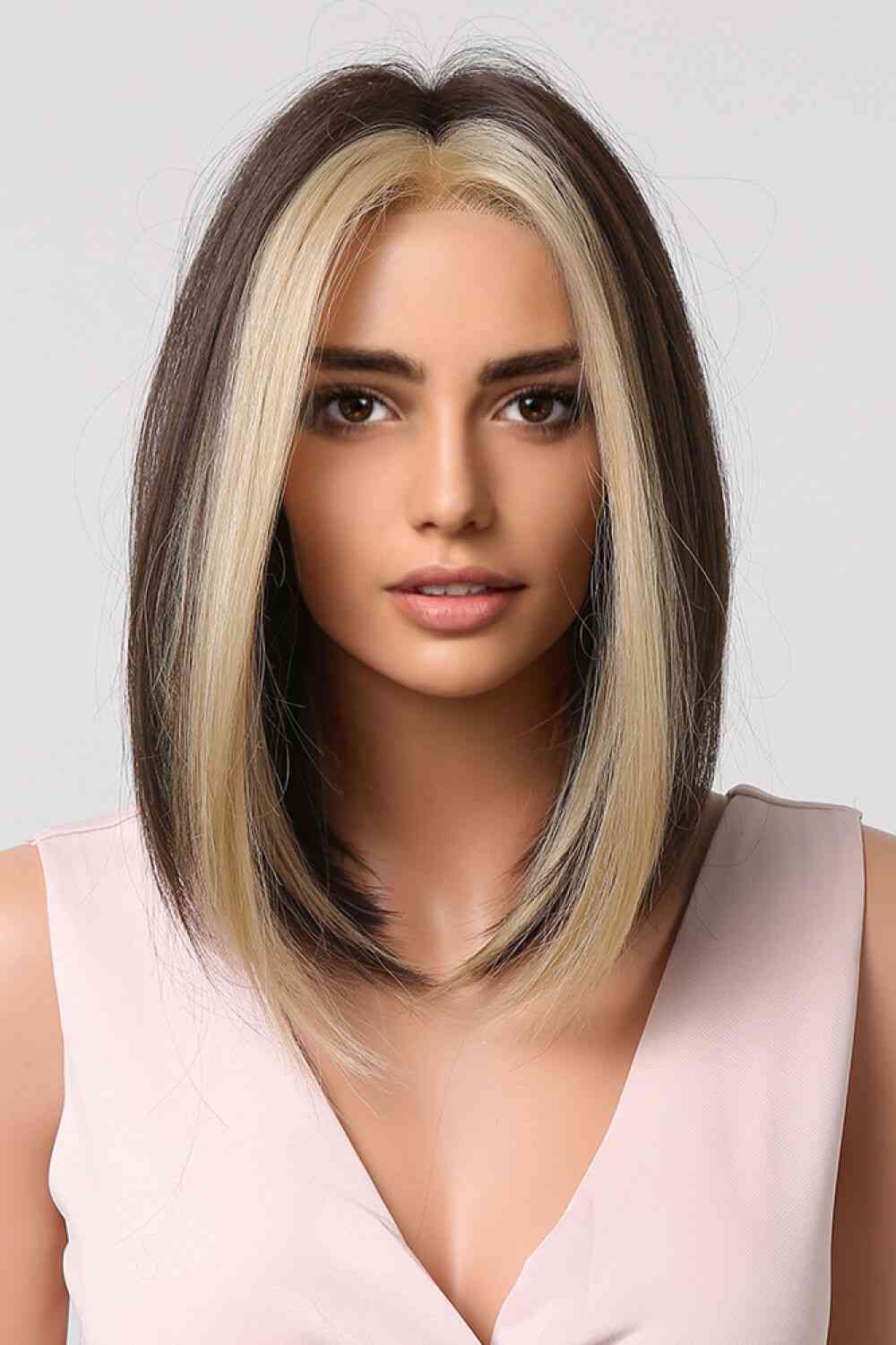 9'' Straight Brown Synthetic Bob Wig With Blonde Bangs