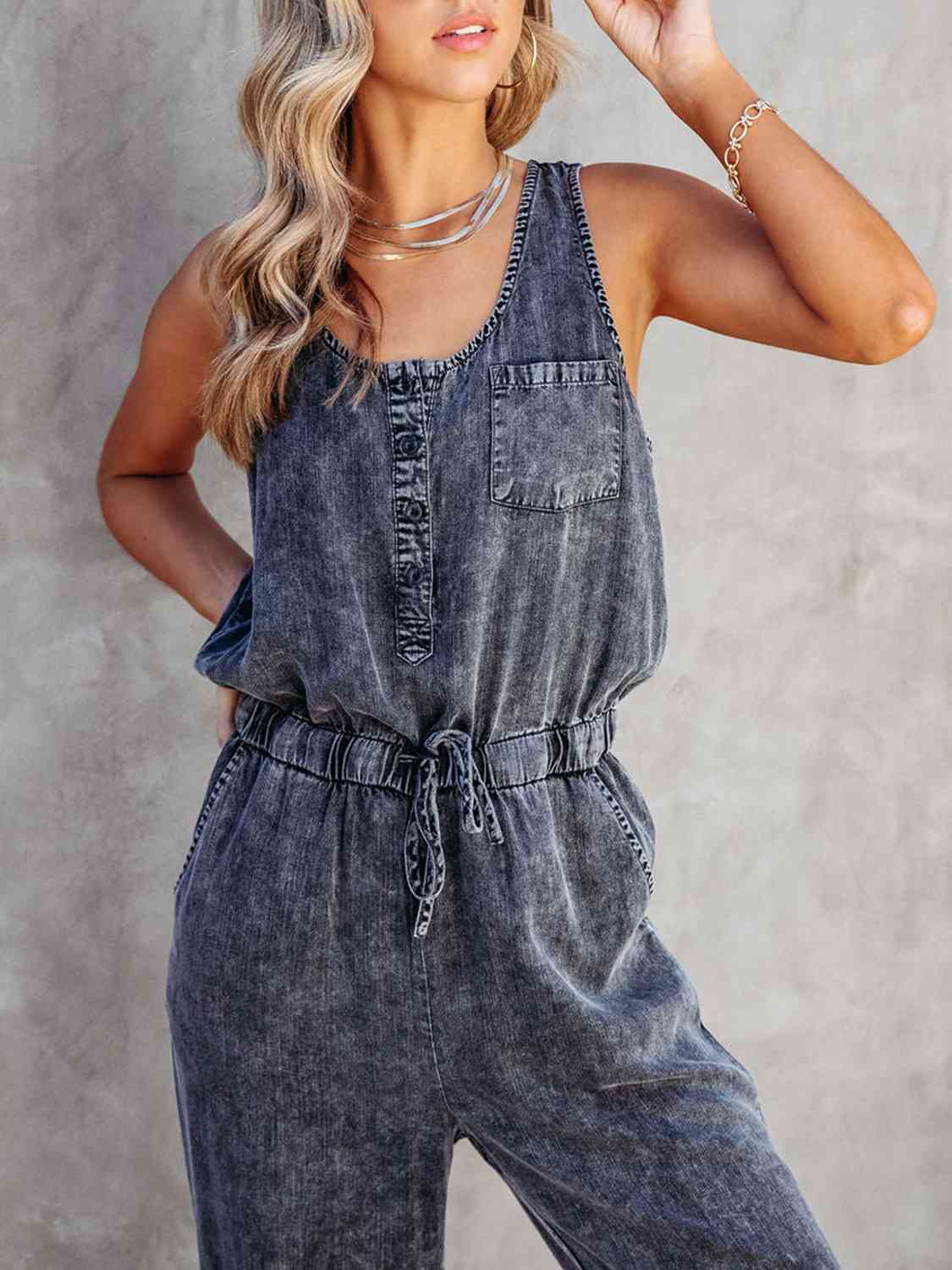 Drawstring Waist Sleeveless Jumpsuit (3 Variants)