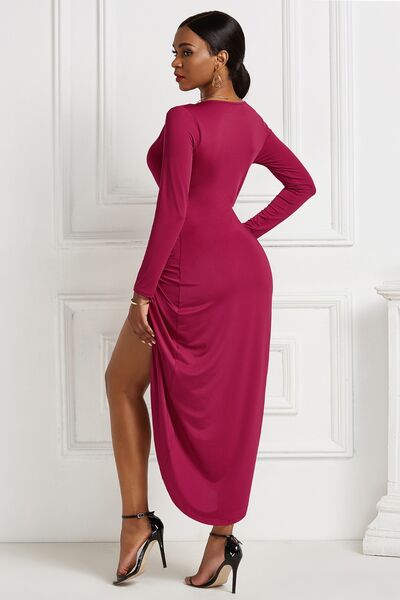 High-low Ruched Surplice Long Sleeve Dress (7 Variants)