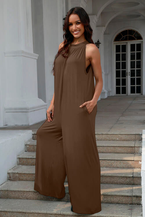 Double Take Full Size Tie Back Cutout Sleeveless Jumpsuit (3 Variants)