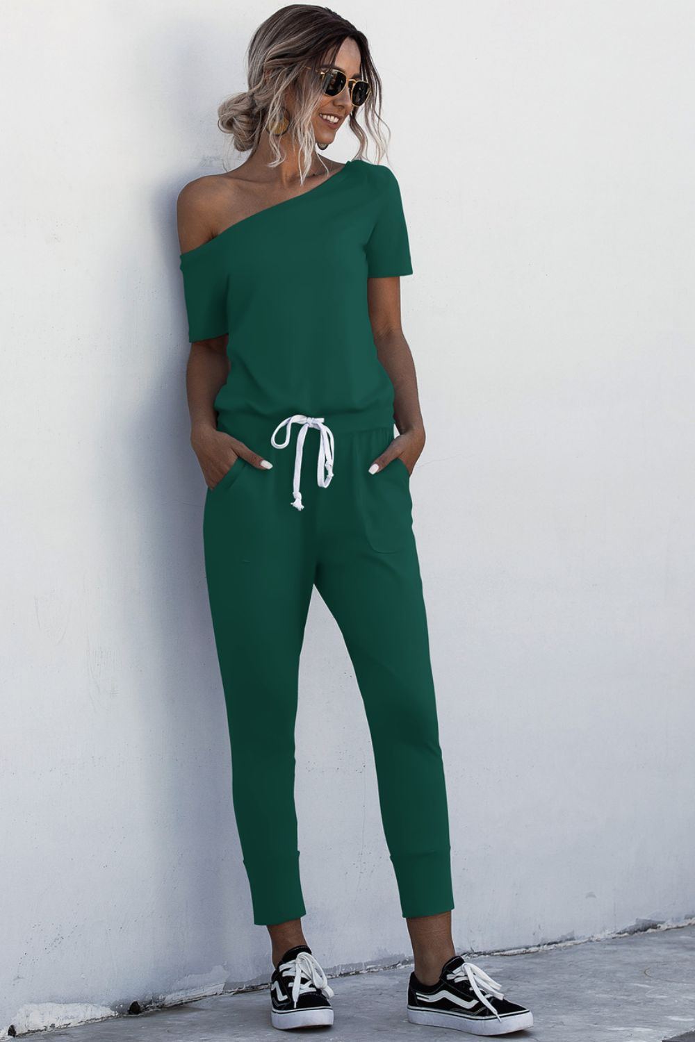 Asymmetrical Neck Tied Jumpsuit with Pockets (4 Variants)