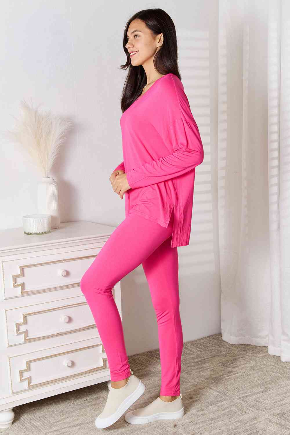 Full Size V-Neck Soft Rayon Long Sleeve Lounge Set