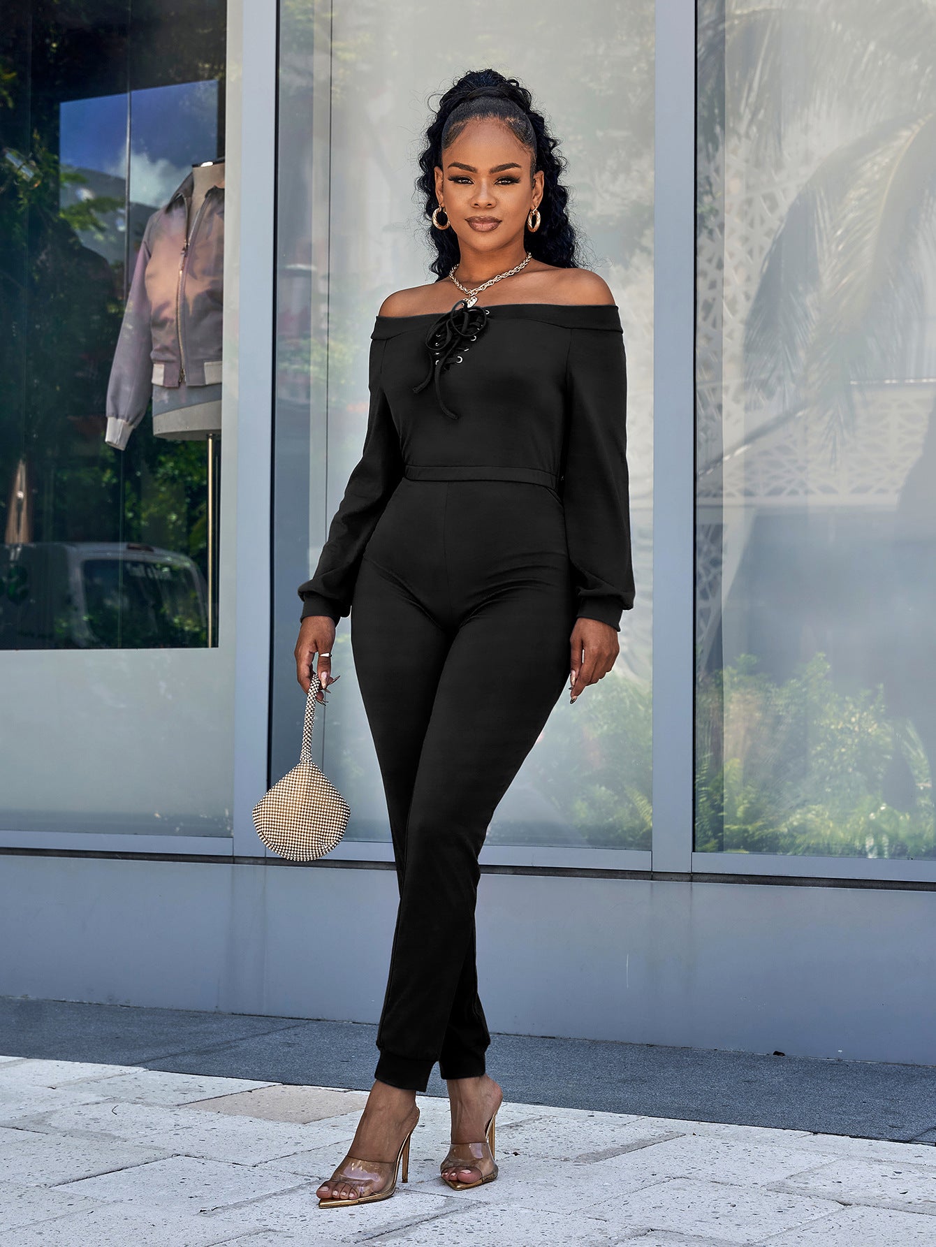 Lace-Up Off-Shoulder Long Sleeve Jumpsuit (3 Variants)