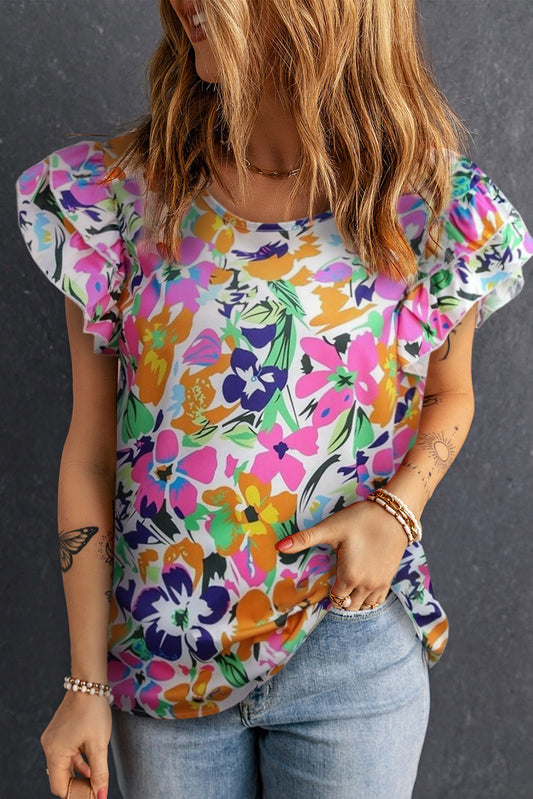 Floral Tie Back Flutter Sleeve Blouse