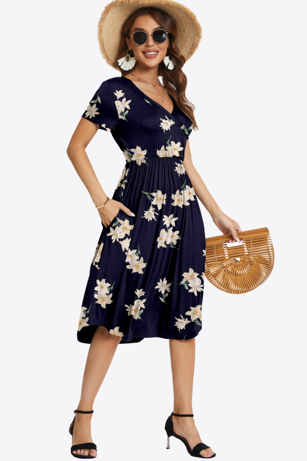 Printed Surplice Neck Short Sleeve Dress with Pockets