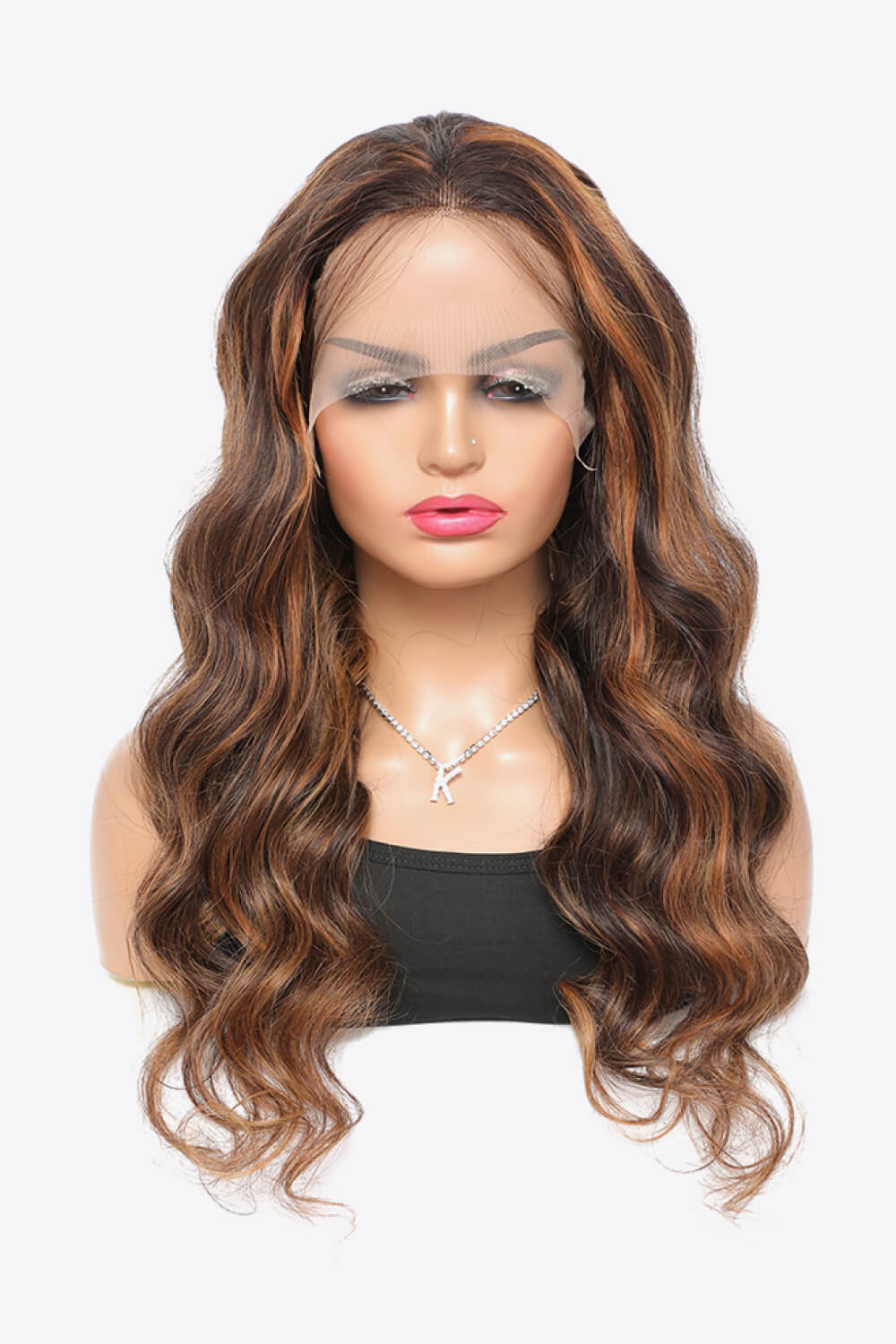 18" Brown/Caramel Highlights Deep Wave Lace Front Human Hair Wig