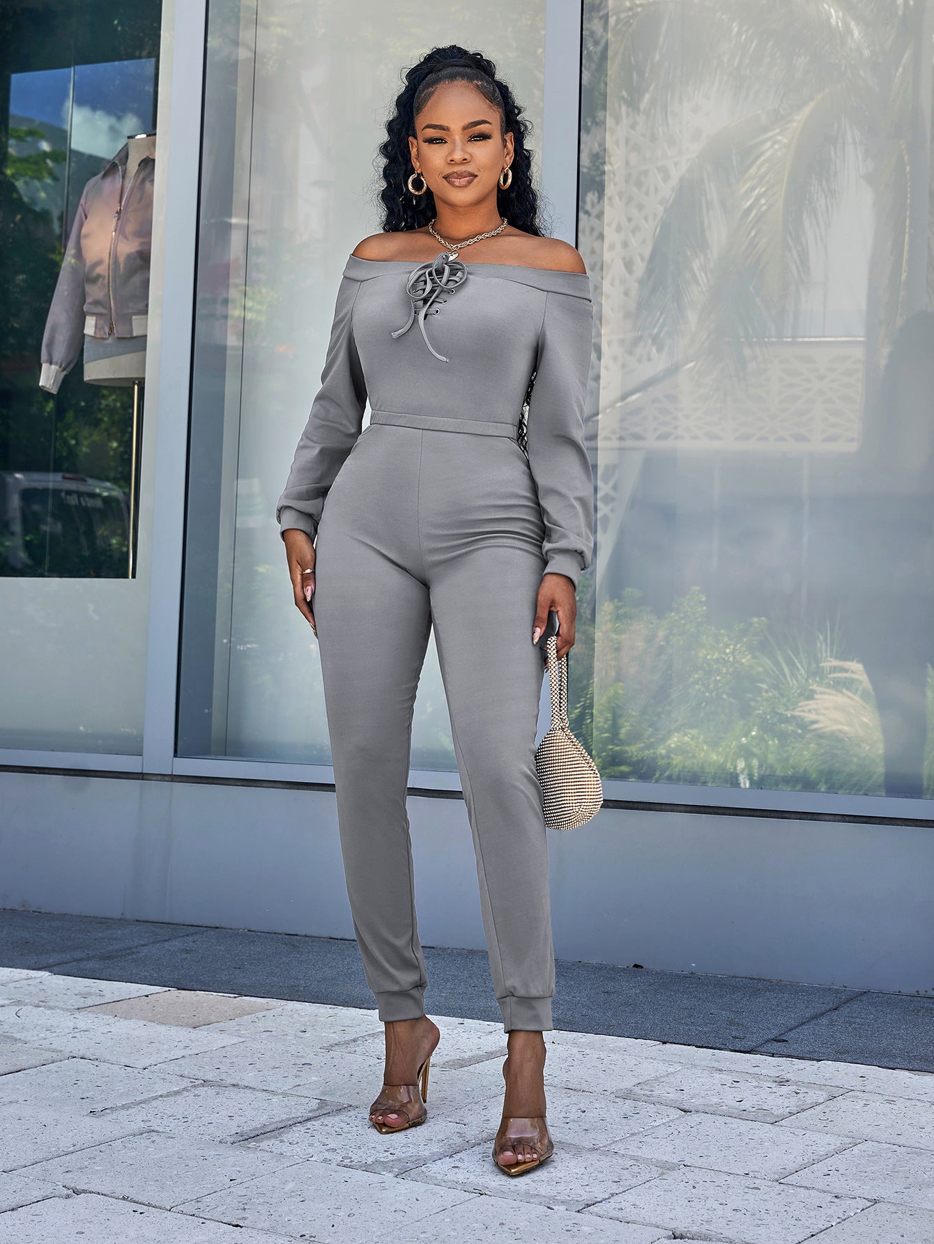 Lace-Up Off-Shoulder Long Sleeve Jumpsuit (3 Variants)