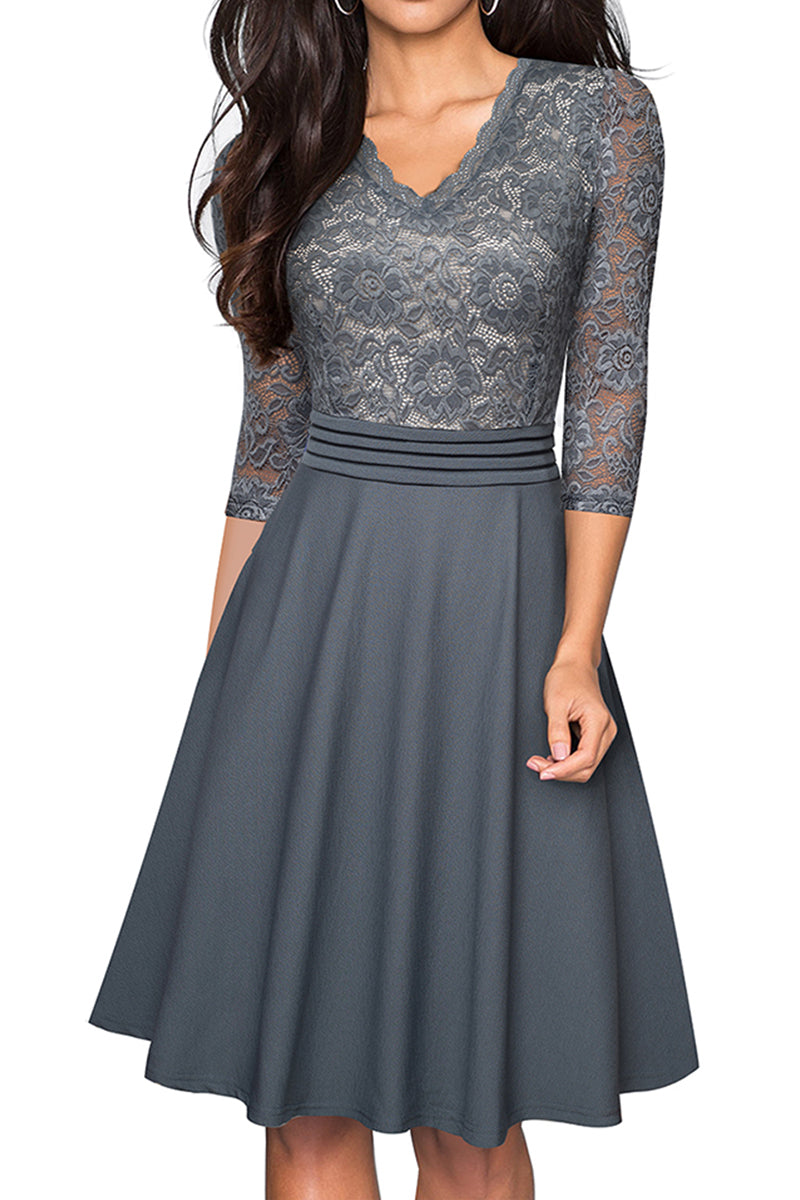 V-Neck Lace Detail Knee-Length Dress (9 Variants)