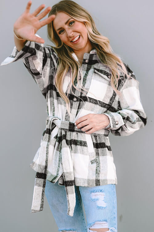 Plaid Tie Front Collared Neck Jacket