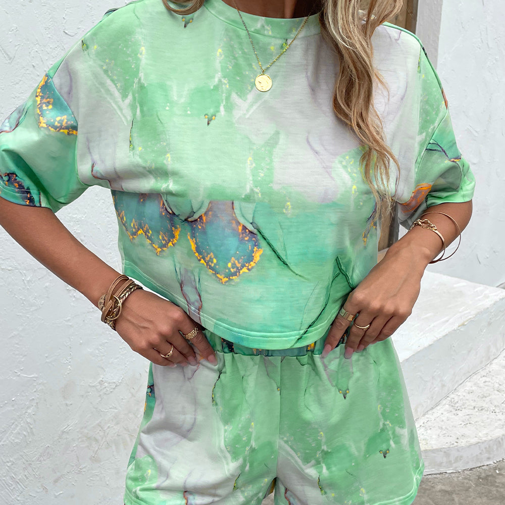 Green Marble Pattern Shirt & Shorts Set