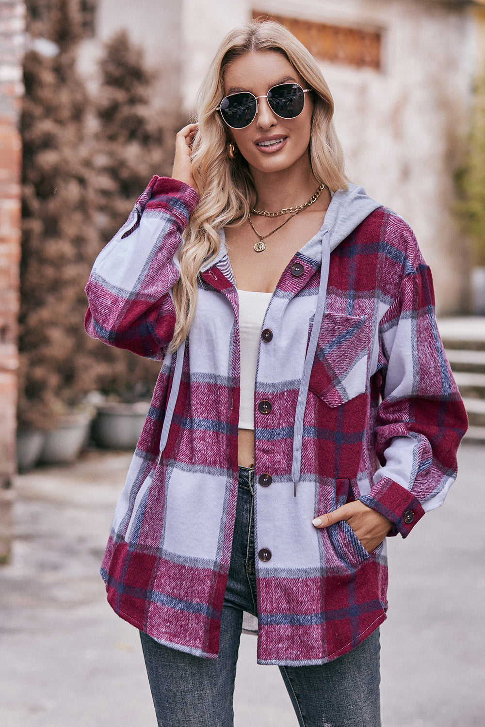 Plaid Dropped Shoulder Hooded Jacket