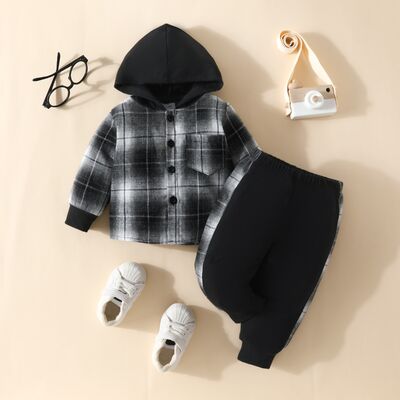 Boys Plaid Button Up Hoodie and Pants Set