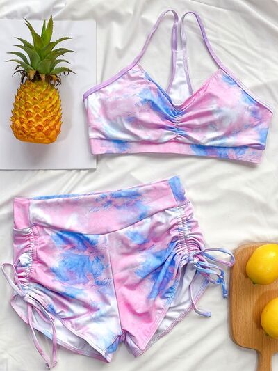 Tie-Dye Spaghetti Strap Top & Drawstring Shorts Swim Set (2 Variants)