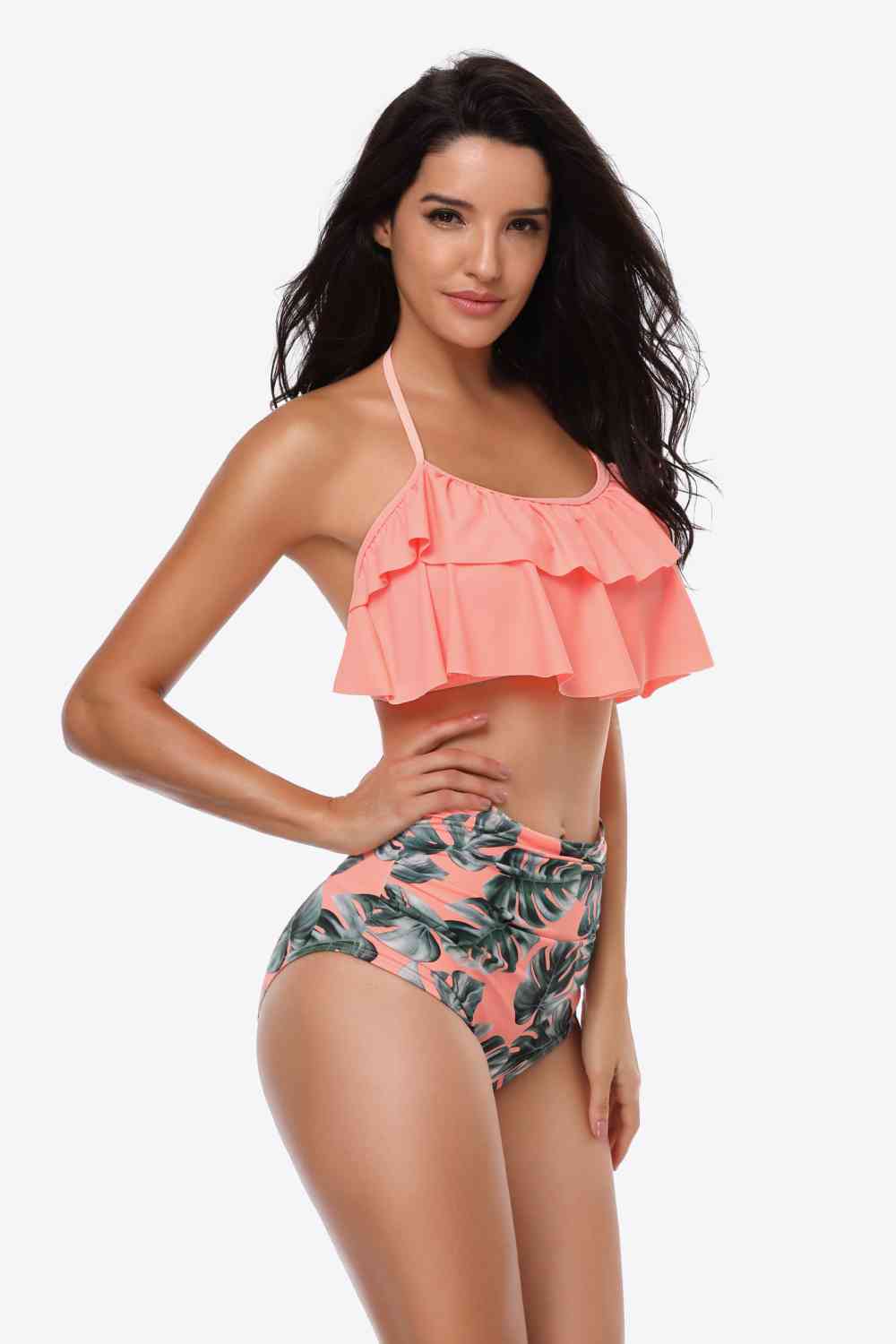 Two-Tone Ruffled Halter Neck Two-Piece Swimsuit (12 Variants)