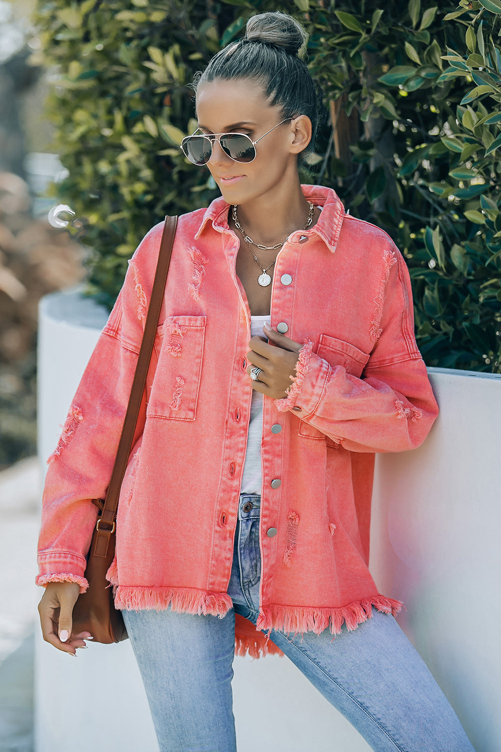 Distressed Fringe Trim Button Up Jacket