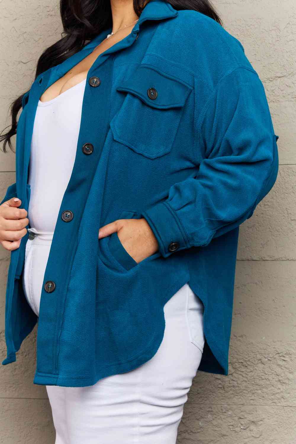 Zenana Cozy in the Cabin Full Size Fleece Elbow Patch Shacket in Teal