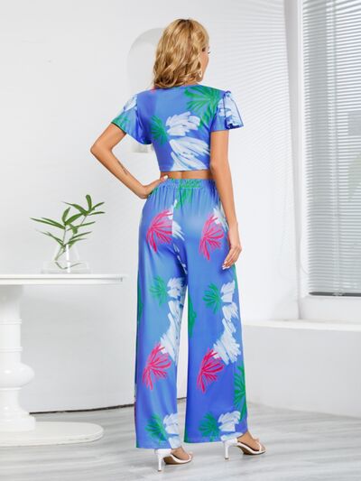 Tropical V-Neck Top & Tied Pants Set (3 Variants)