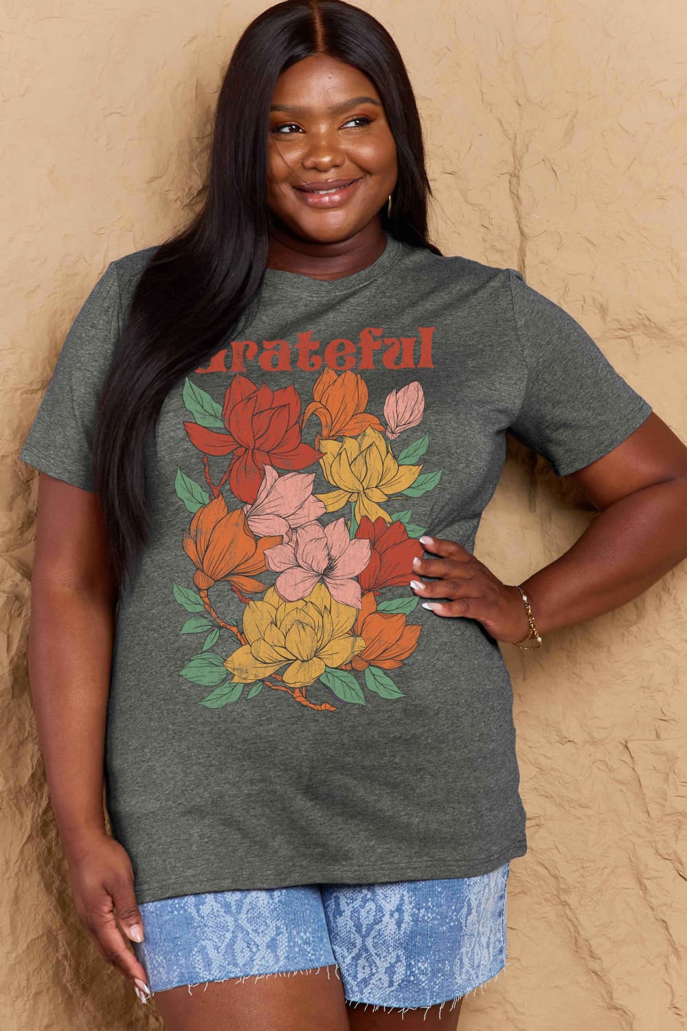 Simply Love Full Size GRATEFUL Flower Graphic Cotton T-Shirt