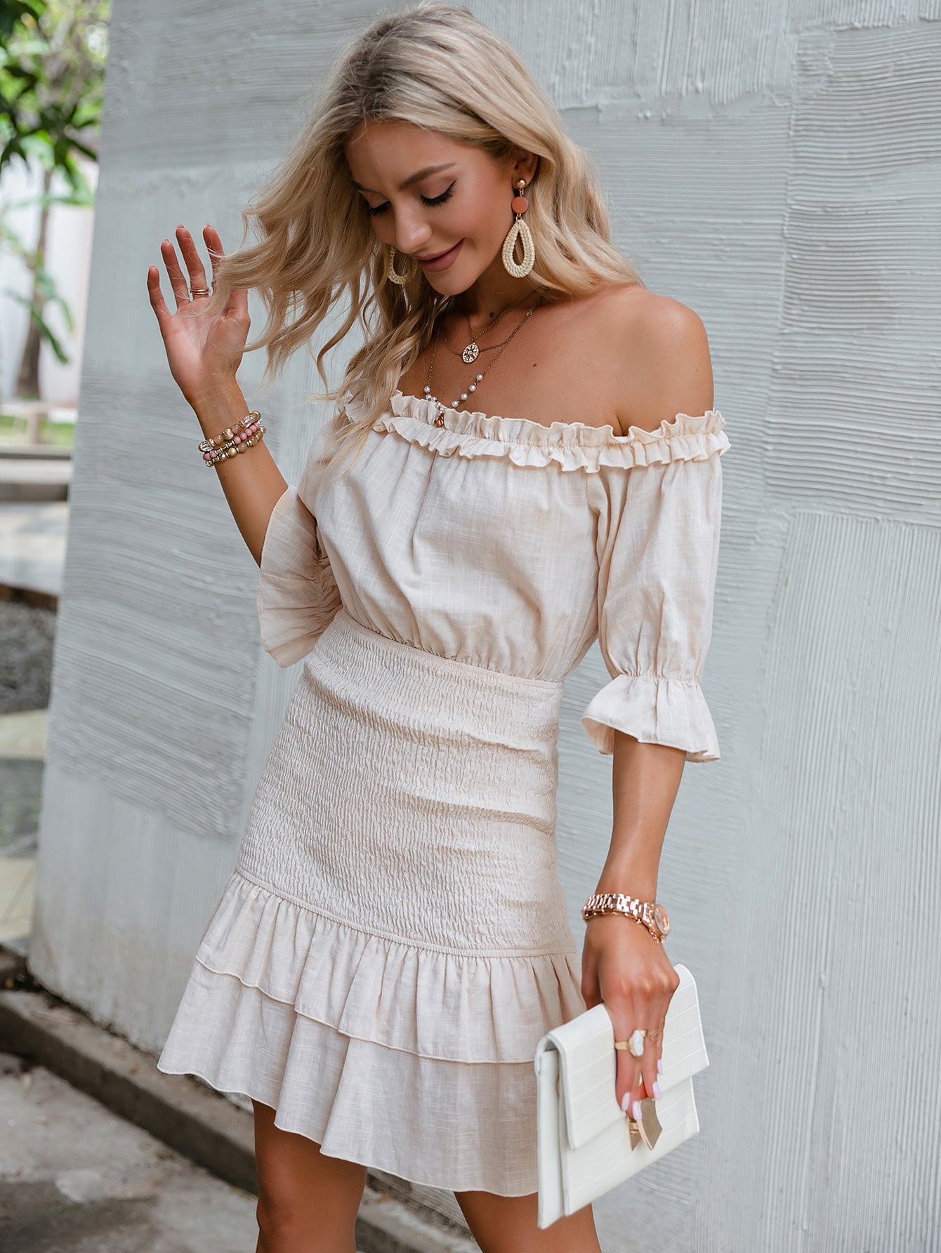 Frill Trim Off-Shoulder Layered Mini Dress