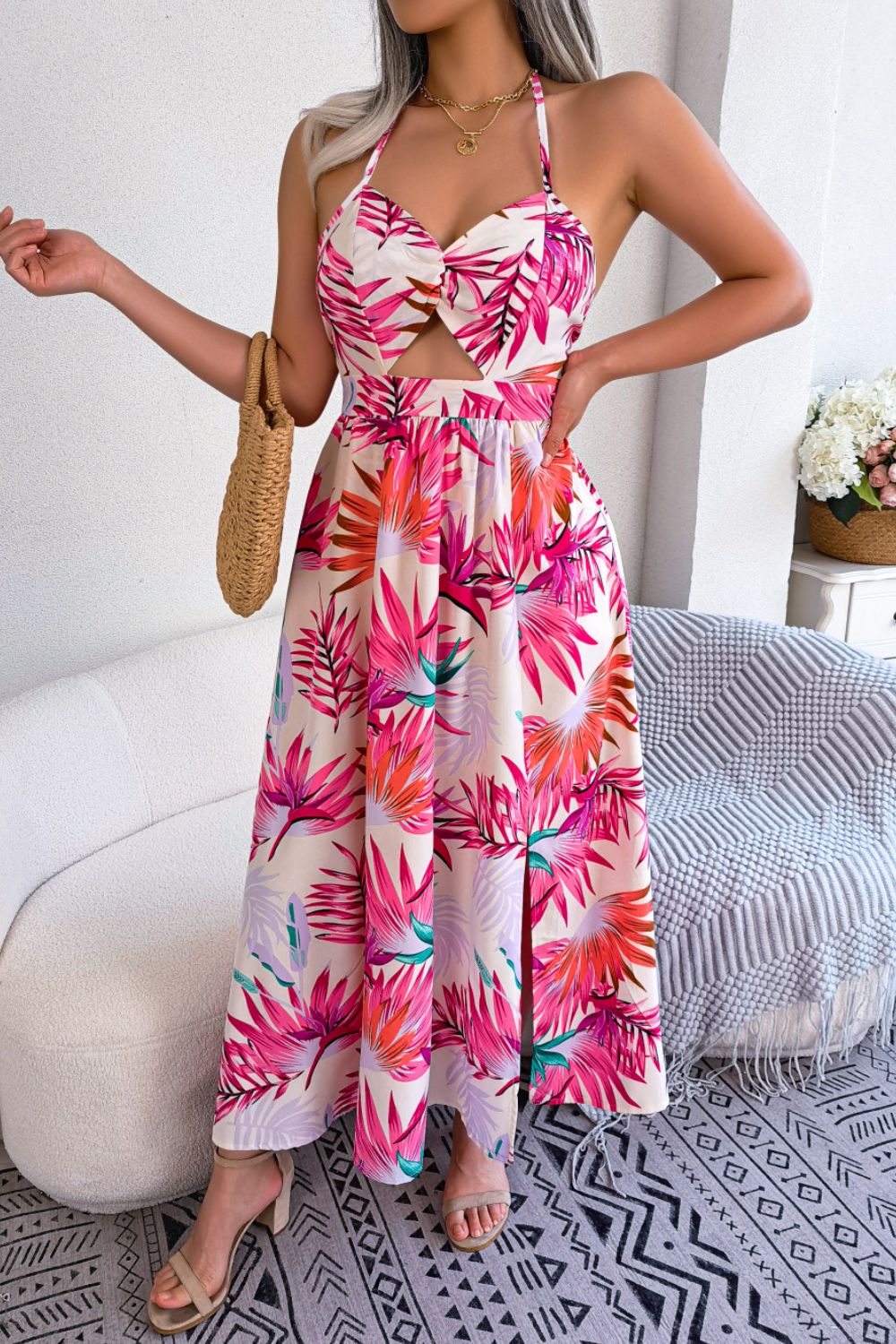 Botanical Print Tied Backless Cutout Slit Dress (3 Variants)