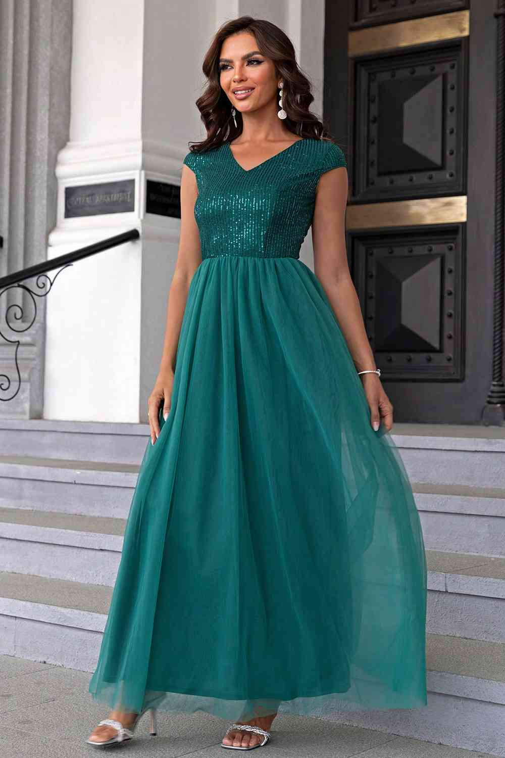 Belle of the Ball Sequin V-Neck Mesh Maxi Dress (5 Variants)