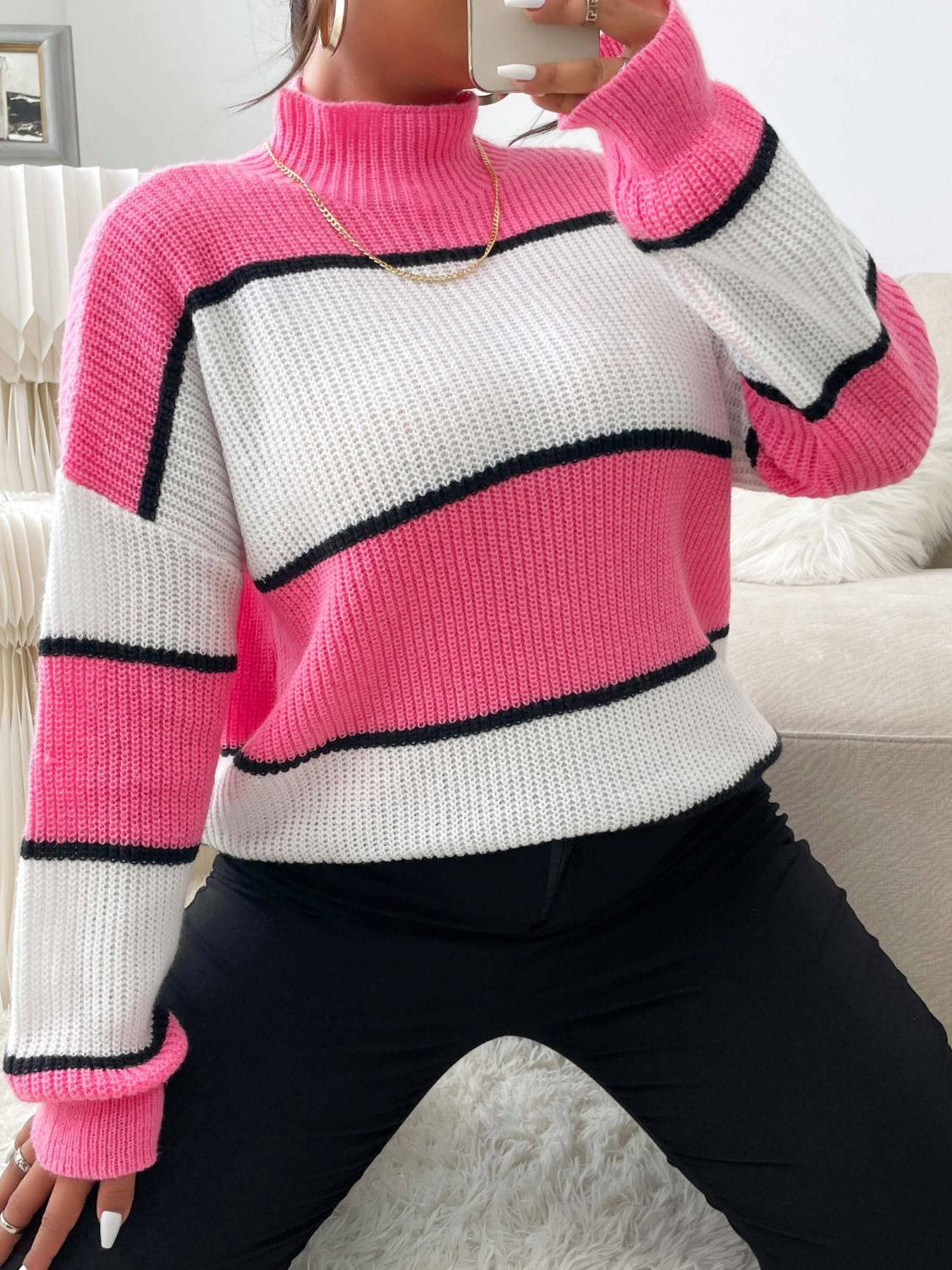 Plus Size Striped Color Block Dropped Shoulder Sweater