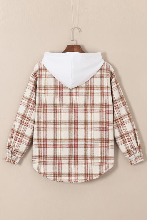 Plaid Drawstring Button Up Long Sleeve Hooded Jacket