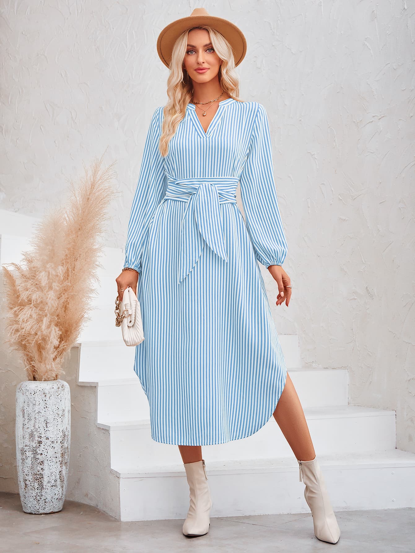 Striped Notched Neck Curved Hem Long Sleeve Dress (3 Variants)