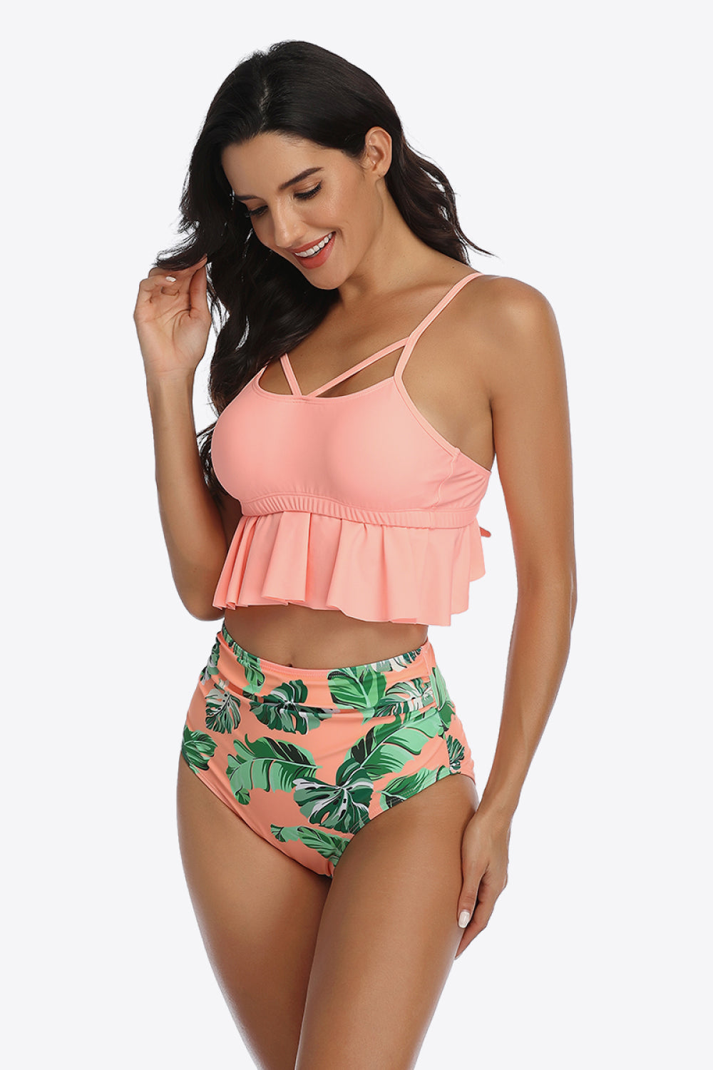 Tropical Print Ruffled Two-Piece Swimsuit (4 Variants)