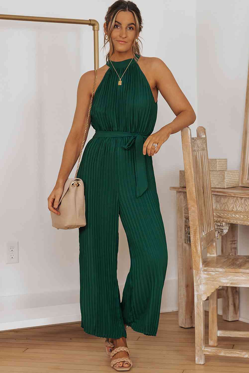 Accordion Pleated Belted Grecian Neck Sleeveless Jumpsuit (3 Variants)