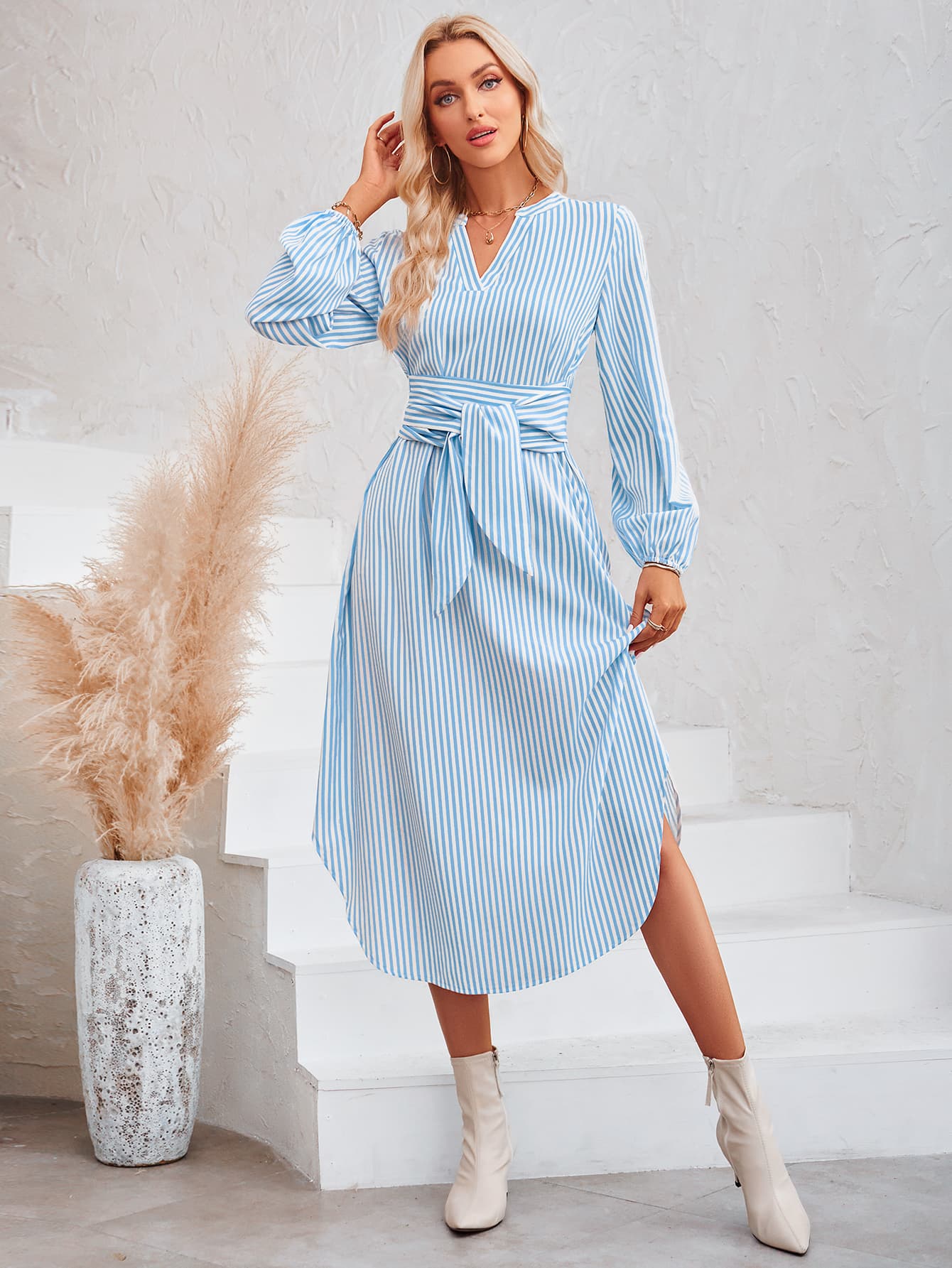 Striped Notched Neck Curved Hem Long Sleeve Dress (3 Variants)