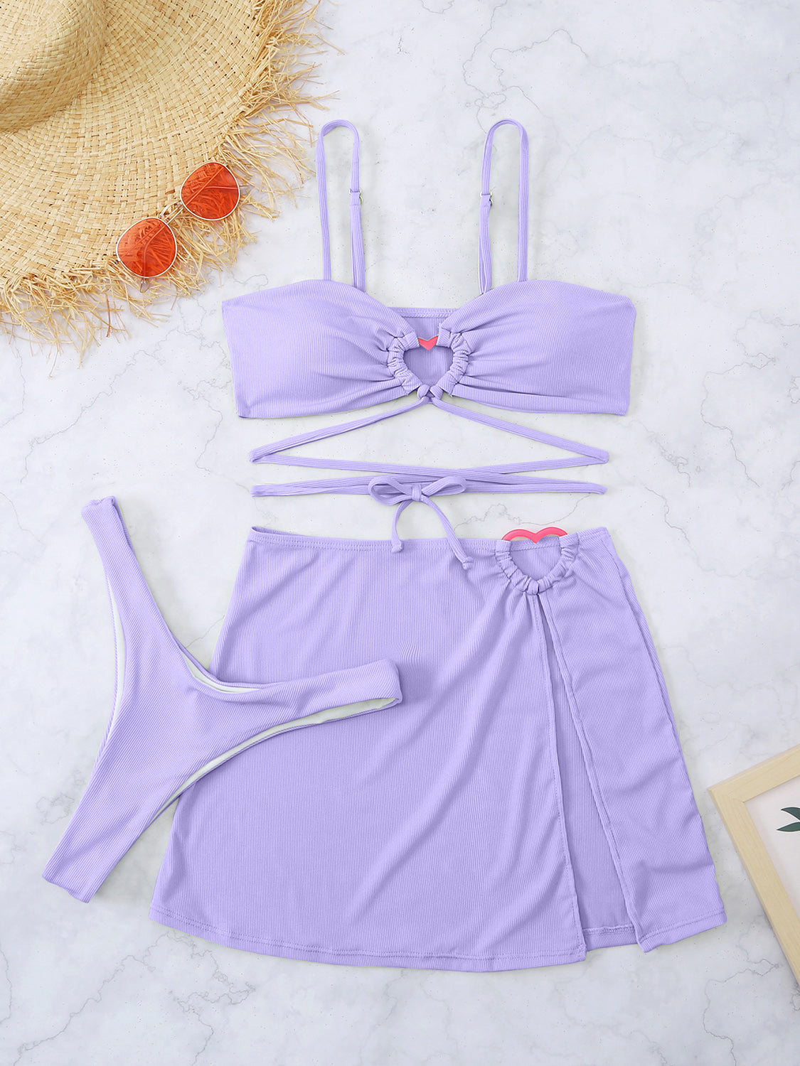 Cutout Spaghetti Strap Three-Piece Swim Set (4 Variants)