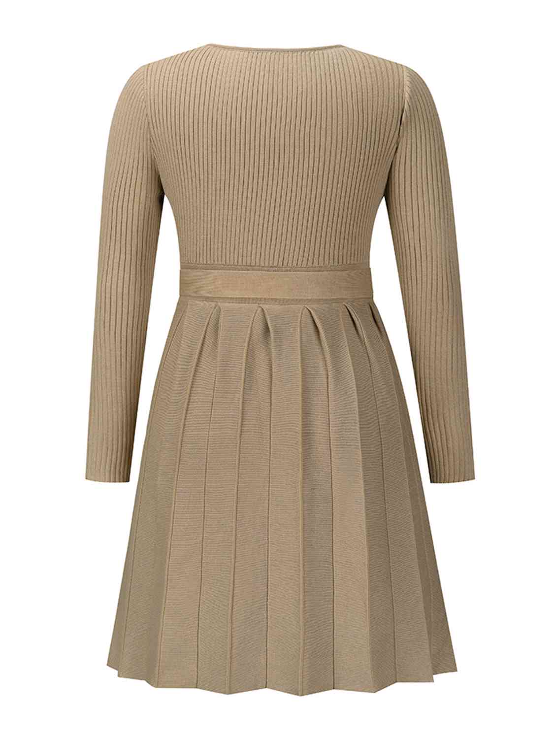 Surplice Neck Tie Front Pleated Sweater Dress (4 Variants)