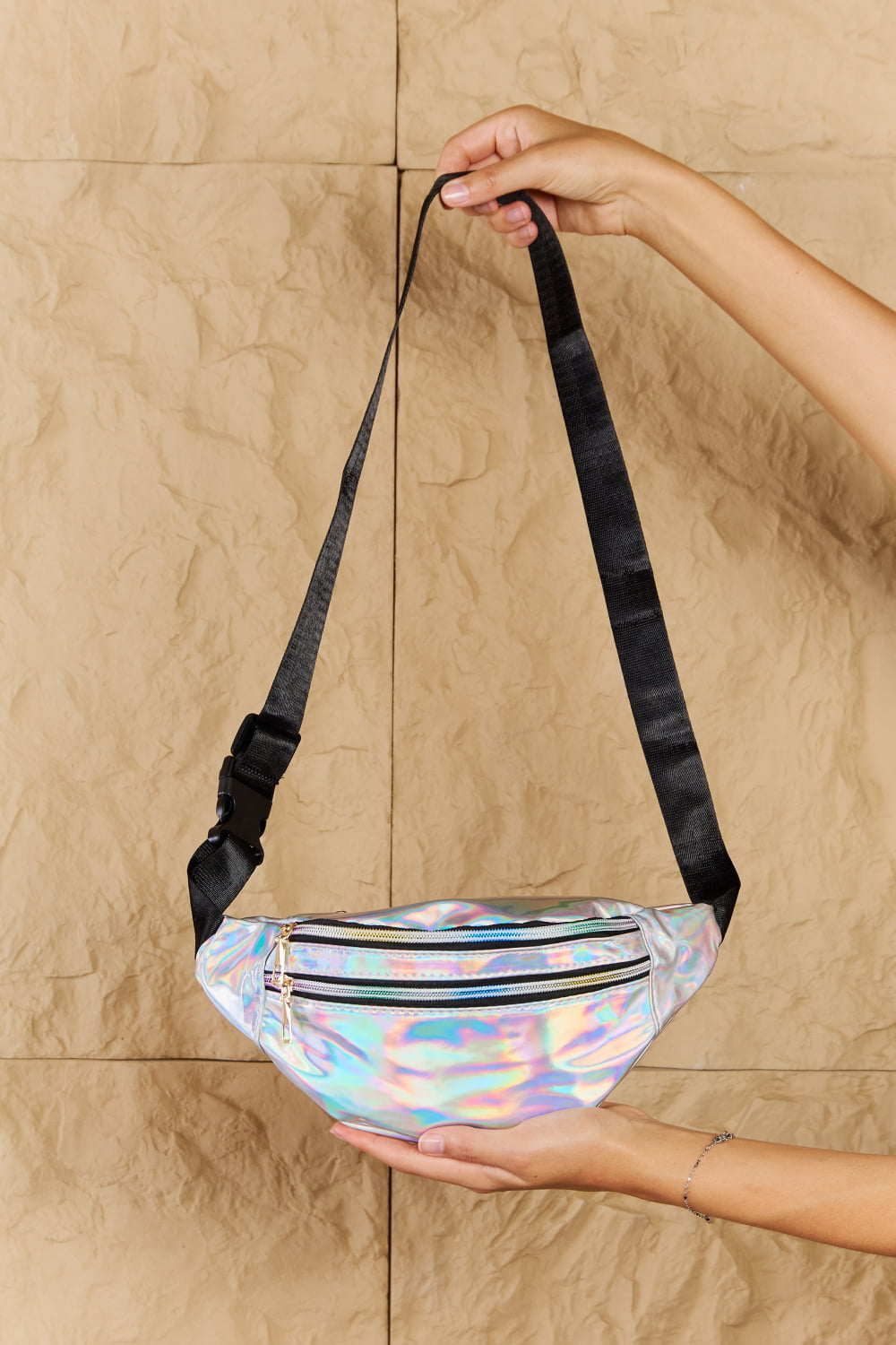 Iridescent Double Zipper Fanny Pack in Silver