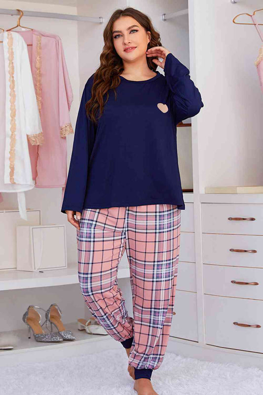 Plus Size Heart Top and Plaid Joggers Lounge Set