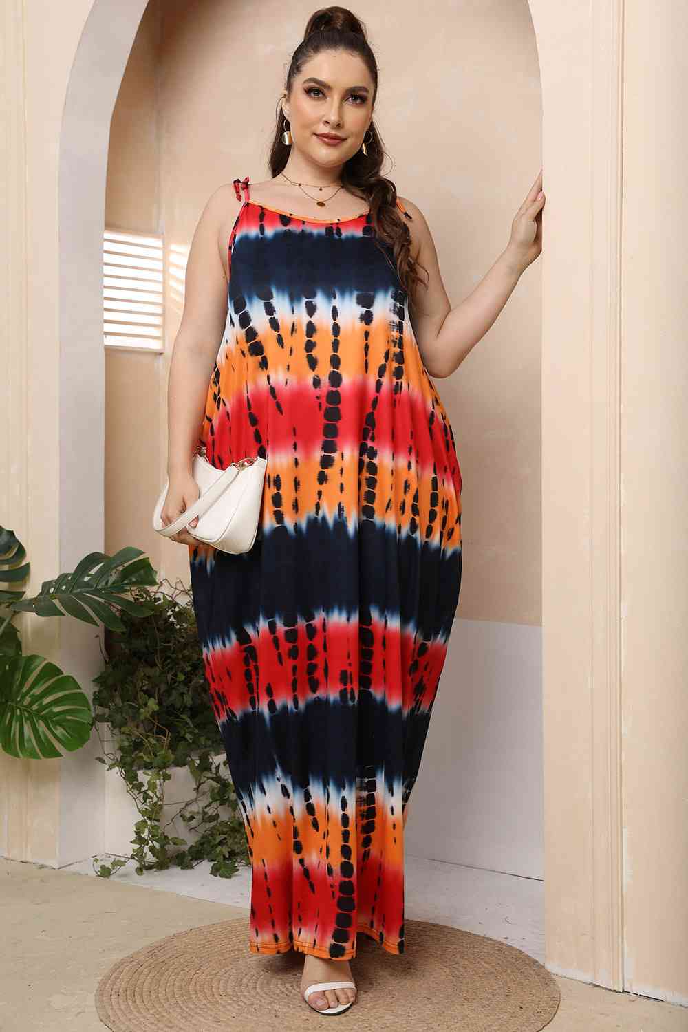 Plus Size Tie-Shoulder Tie-Dye Maxi Dress