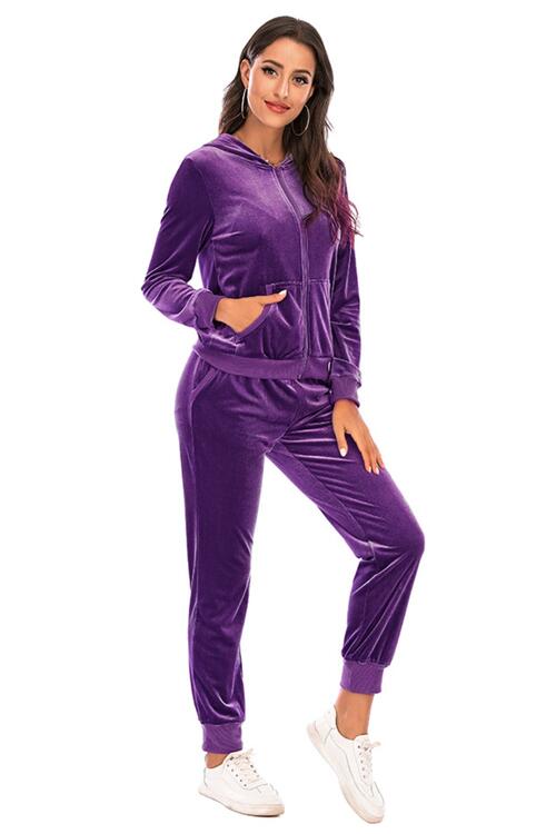 Velour Styled Zip-Up Hoodie and Pants Set